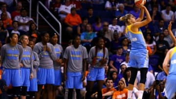 Sep 7, 2014; Phoenix, AZ, USA; Chicago Sky guard Elena Delle Donne (11) shoots the ball against the Phoenix Mercury during game one of the WNBA Finals at US Airways Center. The Mercury defeated the Sky 83-62. Mandatory Credit: Mark J. Rebilas-USA TODAY Sports