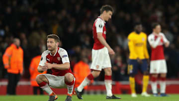 LONDON, ENGLAND - APRIL 26: Shkodran Mustafi of Arsenal looks dejected during the UEFA Europa League Semi Final leg one match between Arsenal FC and Atletico Madrid at Emirates Stadium on April 26, 2018 in London, United Kingdom. (Photo by Richard Heathcote/Getty Images)