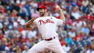 Jul 21, 2014; Philadelphia, PA, USA; Philadelphia Phillies starting pitcher Cliff Lee (33) pitches during the first inning of a game against the San Francisco Giants at Citizens Bank Park. Mandatory Credit: Bill Streicher-USA TODAY Sports