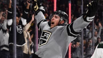 Jan 7, 2017; Los Angeles, CA, USA; Los Angeles Kings left wing Tanner Pearson (70) celebrates his overtime goal to defeat against the Minnesota Wild 4-3 at Staples Center. Mandatory Credit: Jayne Kamin-Oncea-USA TODAY Sports