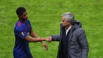 STOCKHOLM, SWEDEN - MAY 24: Marcus Rashford of Manchester United shakes hands with Jose Mourinho, Manager of Manchester United as he is subbed off during the UEFA Europa League Final between Ajax and Manchester United at Friends Arena on May 24, 2017 in Stockholm, Sweden. (Photo by Alex Grimm/Getty Images)