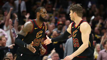 CLEVELAND, OH - MAY 05: LeBron James #23 of the Cleveland Cavaliers celebrates with Kyle Korver #26 in the first half while playing the Toronto Raptors in Game Three of the Eastern Conference Semifinals during the 2018 NBA Playoffs at Quicken Loans Arena on May 5, 2018 in Cleveland, Ohio. Cleveland won the game 105-103 to take a 3-0 series lead. NOTE TO USER: User expressly acknowledges and agrees that, by downloading and or using this photograph, User is consenting to the terms and conditions of the Getty Images License Agreement. (Photo by Gregory Shamus/Getty Images)