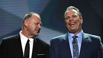 LAS VEGAS, NV - JUNE 20: Head coach Gerard Gallant (L) of the Vegas Golden Knights and general manager Kevin Cheveldayoff of the Winnipeg Jets share a laugh onstage before the 2018 NHL Awards presented by Hulu at The Joint inside the Hard Rock Hotel & Casino on June 20, 2018 in Las Vegas, Nevada. (Photo by Ethan Miller/Getty Images)