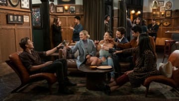 How I Met Your Father -- “FOMO” - Episode 102 -- Determined to try and live in the moment, Sophie and the gang head to an exclusive new club for a wild night out. Valentina has doubts about her relationship with Charlie. Sid pushes Jesse to be open to love. Ellen tries her luck with women at the club. Jesse (Chris Lowell), Sophie (Hilary Duff), Valentina (Francia Raisa), Charlie (Tom Ainsley), Sid (Suraj Sharma), and Ellen (Tien Tran), shown. (Photo by: Patrick Wymore/Hulu)