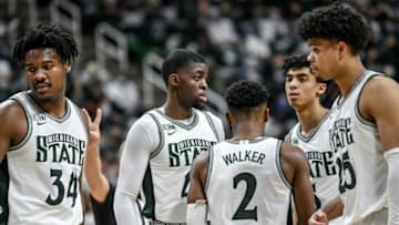From left, Michigan State's Julius Marble II, Gabe Brown, Tyson Walker, Max Christie and Malik Hall look on during a break in the action against Northwestern in the second half on Saturday, Jan. 15, 2022, at the Breslin Center in East Lansing.220115 Msu Northwestern 131a