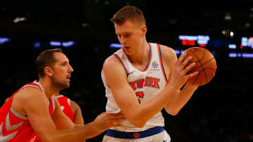 NEW YORK, NY - NOVEMBER 01: (NEW YORK DAILIES OUT) Kristaps Porzingis #6 of the New York Knicks in action against Ryan Anderson #33 of the Houston Rockets at Madison Square Garden on November 1, 2017 in New York City. The Rockets defeated the Knicks 119-97. (Photo by Jim McIsaac/Getty Images)