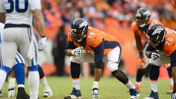 Jan 11, 2015; Denver, CO, USA; Denver Broncos tackle Ryan Clady (78) prepares to block in the second quarter of the 2014 AFC Divisional playoff football game against the Indianapolis Colts at Sports Authority Field at Mile High. Mandatory Credit: Ron Chenoy-USA TODAY Sports
