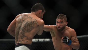 LAS VEGAS, NV - MAY 29: (R-L) Jeremy Stephens punches Renan Barao in their featherweight bout during the UFC Fight Night event inside the Mandalay Bay Events Center on May 29, 2016 in Las Vegas, Nevada. (Photo by Brandon Magnus/Zuffa LLC/Zuffa LLC via Getty Images)