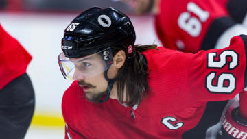 OTTAWA, ON - JANUARY 06: Ottawa Senators Defenceman Erik Karlsson (65) prepares for a face-off during first period National Hockey League action between the Tampa Bay Lightning and Ottawa Senators on January 6, 2018, at Canadian Tire Centre in Ottawa, ON, Canada. (Photo by Richard A. Whittaker/Icon Sportswire via Getty Images)