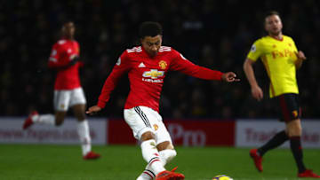 WATFORD, ENGLAND - NOVEMBER 28: Jesse Lingard of Manchester United scores their fourth goal during the Premier League match between Watford and Manchester United at Vicarage Road on November 28, 2017 in Watford, England. (Photo by Clive Rose/Getty Images)