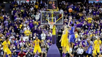 Jan 5, 2016; Baton Rouge, LA, USA; Kentucky Wildcats guard Tyler Ulis (3) shoots over LSU Tigers center Darcy Malone (22) during the first half of a game at the Pete Maravich Assembly Center. Mandatory Credit: Derick E. Hingle-USA TODAY Sports