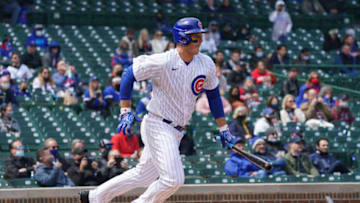 CHICAGO, ILLINOIS - APRIL 16: Anthony Rizzo #44 of the Chicago Cubs at bat during a game against the Atlanta Braves at Wrigley Field on April 16, 2021 in Chicago, Illinois. All players are wearing the number 42 in honor of Jackie Robinson Day. (Photo by Nuccio DiNuzzo/Getty Images)