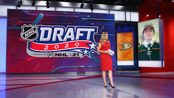Jamie Hersch of the NHL Network interviews Jamie Drysdale from Erie of the OHL after his selection by the Anaheim Ducks (Photo by Mike Stobe/Getty Images)