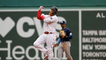 BOSTON, MA - JUNE 3: Justin Turner #2 of the Boston Red Sox flexes as he stands on second base after his three-run double against the Tampa Bay Rays during the sixth inning at Fenway Park on June 3, 2023 in Boston, Massachusetts. (Photo By Winslow Townson/Getty Images)