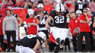LINCOLN, NE - OCTOBER 26: Place kicker Barret Pickering #32 of the Nebraska Cornhuskers kicks a field goal against the Indiana Hoosiers at Memorial Stadium on October 26, 2019 in Lincoln, Nebraska. (Photo by Steven Branscombe/Getty Images)