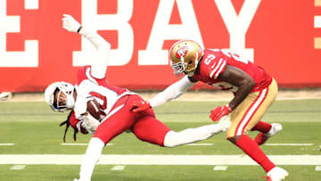 SANTA CLARA, CALIFORNIA - SEPTEMBER 13: DeAndre Hopkins #10 of the Arizona Cardinals is tackled just shy of the goal line by Jaquiski Tartt #29 of the San Francisco 49ers at Levi's Stadium on September 13, 2020 in Santa Clara, California. The Arizona Cardinals scored the game-winning play on the next play. (Photo by Ezra Shaw/Getty Images)