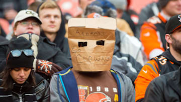 CLEVELAND, OH - DECEMBER 6: A Cleveland Browns fan expresses their disappointment with the team during the second half against the Cincinnati Bengals at FirstEnergy Stadium on December 6, 2015 in Cleveland, Ohio. The Bengals defeated the Browns 37-3. (Photo by Jason Miller/Getty Images)