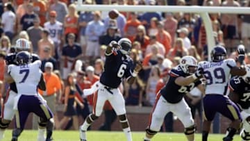 Oct 12, 2013; Auburn, AL, USA; Auburn Tigers quarterback Jeremy Johnson (6) throws a pass against the Western Carolina Catamounts during the second half at Jordan Hare Stadium. The Tigers beat the Catamounts 62-3. Mandatory Credit: John Reed-USA TODAY Sports