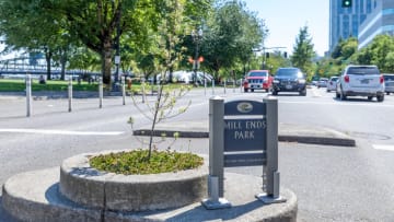 A photograph of Portland, Oregon's Mill Ends Park—the world's smallest park.