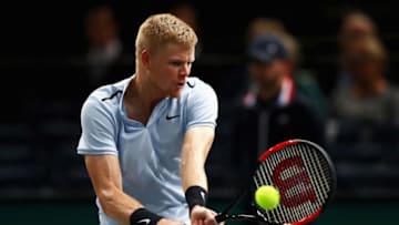 PARIS, FRANCE - OCTOBER 31: Kyle Edmund of Great Britain plays a backhand against Evgeny Donskoy of Russia during Day 2 of the Rolex Paris Masters held at the AccorHotels Arena on October 31, 2017 in Paris, France. (Photo by Dean Mouhtaropoulos/Getty Images)