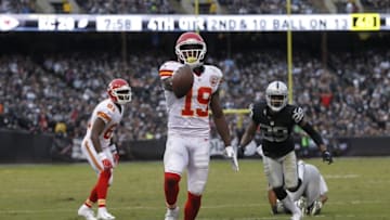 Dec 6, 2015; Oakland, CA, USA; Kansas City Chiefs wide receiver Jeremy Maclin (19) scores a touchdown against the Oakland Raiders in the fourth quarter at O.co Coliseum. The Chiefs defeated the Raiders 34-20. Mandatory Credit: Cary Edmondson-USA TODAY Sports