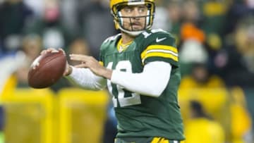Nov 9, 2014; Green Bay, WI, USA; Green Bay Packers quarterback Aaron Rodgers (12) throws a pass during the first quarter against the Chicago Bears at Lambeau Field. Mandatory Credit: Jeff Hanisch-USA TODAY Sports