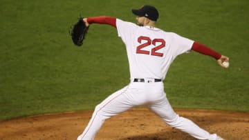 BOSTON, MA - OCTOBER 14: Red Sox pitcher Rick Porcello pitches in the eighth inning. Boston Red Sox hosted the Houston Astros in Game Two of ALCS at Fenway Park in Boston on Oct. 14, 2018. (Photo by Stan Grossfeld/The Boston Globe via Getty Images)