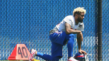 Jun 6, 2016; East Rutherford, NJ, USA; New York Giants wide receiver Odell Beckham (13) takes a break during organized team activities at Quest Diagnostics Training Center. Mandatory Credit: Ed Mulholland-USA TODAY Sports