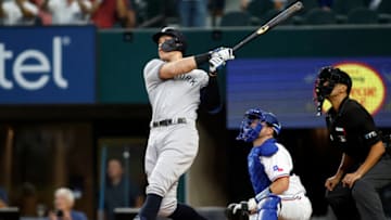 Oct 4, 2022; Arlington, Texas, USA; New York Yankees designated hitter Aaron Judge (99) flies out in the third inning against the Texas Rangers at Globe Life Field. Mandatory Credit: Tim Heitman-USA TODAY Sports