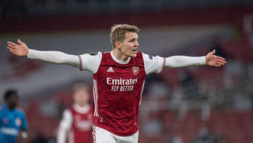 LONDON, ENGLAND - MARCH 18: Martin Odegaard of Arsenal during the UEFA Europa League Round of 16 Second Leg match between Arsenal and Olympiacos at Emirates Stadium on March 18, 2021 in London, United Kingdom. Sporting stadiums around Europe remain under strict restrictions due to the Coronavirus Pandemic as Government social distancing laws prohibit fans inside venues resulting in games being played behind closed doors. (Photo by Sebastian Frej/MB Media/Getty Images)