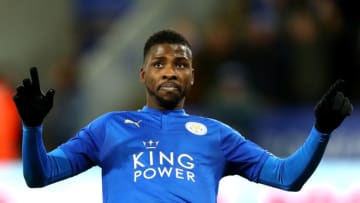 LEICESTER, ENGLAND - JANUARY 16: Kelechi Iheanacho of Leicester City celebrates as he scores their first goal during The Emirates FA Cup Third Round Replay match between Leicester City and Fleetwood Town at The King Power Stadium on January 16, 2018 in Leicester, England. (Photo by Julian Finney/Getty Images )