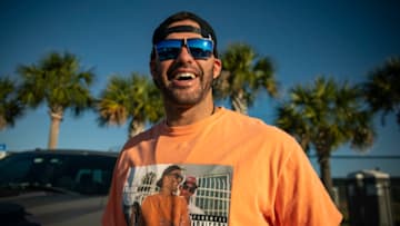 FT. MYERS, FL - FEBRUARY 21: J.D. Martinez #28 of the Boston Red Sox wears a Tom Brady shirt as he arrives during a spring training team workout on February 21, 2021 at jetBlue Park at Fenway South in Fort Myers, Florida. (Photo by Billie Weiss/Boston Red Sox/Getty Images)