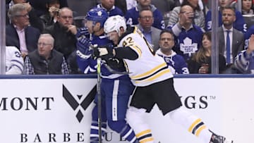 TORONTO - APRIL 15: Boston Bruins right wing David Backes (42) checks Toronto Maple Leafs center Patrick Marleau (12) into the boards during the first period. The Boston Bruins visit the Toronto Maple Leafs for Game 3 of the Eastern Conference First Round during the 2019 NHL Stanley Cup Playoffs at Scotiabank Arena in Toronto, Ontario on April 15, 2019. (Photo by Matthew J. Lee/The Boston Globe via Getty Images)