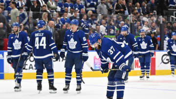 May 12, 2023; Toronto, Ontario, CAN; Toronto Maple Leafs players react after losing in overtime to the Florida Panthers in game five and being eliminated from the second round of the 2023 Stanley Cup Playoffs at Scotiabank Arena. Mandatory Credit: Dan Hamilton-USA TODAY Sports