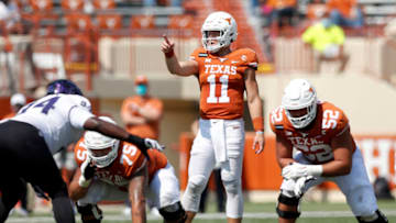 AUSTIN, TEXAS - OCTOBER 03: Sam Ehlinger #11 of the Texas Longhorns signals at the line of scrimmage in the third quarter against the TCU Horned Frogs at Darrell K Royal-Texas Memorial Stadium on October 03, 2020 in Austin, Texas. (Photo by Tim Warner/Getty Images)