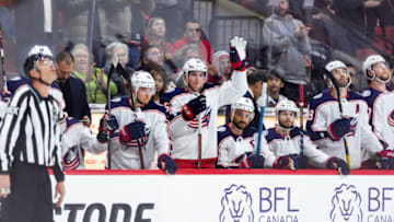 OTTAWA, ON - FEBRUARY 22: Columbus Blue Jackets Center Matt Duchene (95) salute the crowd as he's acknowledged for his time as an Ottawa Senator during first period National Hockey League action between the Columbus Blue Jackets and Ottawa Senators on February 22, 2019, at Canadian Tire Centre in Ottawa, ON, Canada. (Photo by Richard A. Whittaker/Icon Sportswire via Getty Images)