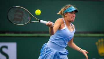INDIAN WELLS, CALIFORNIA - MARCH 10: Linda Fruhvirtova of the Czech Republic in action against Anhelina Kalinina of Ukraine during her second-round match on Day 5 of the 2023 BNP Paribas Open at the Indian Wells Tennis Garden on March 10, 2023 in Indian Wells, California (Photo by Robert Prange/Getty Images)