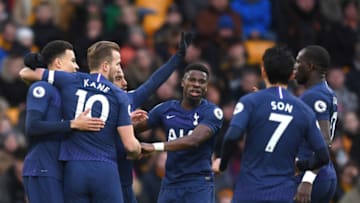 WOLVERHAMPTON, ENGLAND - DECEMBER 15: Lucas Moura of Tottenham Hotspur celebrates after scoring his team's first goal with teammates during the Premier League match between Wolverhampton Wanderers and Tottenham Hotspur at Molineux on December 15, 2019 in Wolverhampton, United Kingdom. (Photo by Michael Regan/Getty Images)