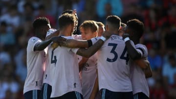 BOURNEMOUTH, ENGLAND - AUGUST 20: Martin Oedegaard of Arsenal celebrates with teammates after scoring their team's second goal during the Premier League match between AFC Bournemouth and Arsenal FC at Vitality Stadium on August 20, 2022 in Bournemouth, England. (Photo by Alex Davidson/Getty Images)