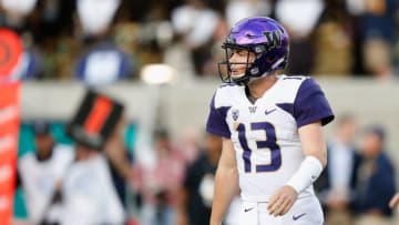BERKELEY, CA - OCTOBER 27: Quarterback Jake Haener #13 of the Washington Huskies looks on between plays against the California Golden Bears at California Memorial Stadium on October 27, 2018 in Berkeley, California. (Photo by Lachlan Cunningham/Getty Images)