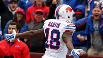 Sep 13, 2015; Orchard Park, NY, USA; Buffalo Bills wide receiver Percy Harvin (18) celebrates his first half touchdown against the Indianapolis Colts at Ralph Wilson Stadium. Mandatory Credit: Timothy T. Ludwig-USA TODAY Sports