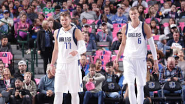 OKC Thunder: Luka Doncic #77, and Kristaps Porzingis #6 of the Dallas Mavericks (Photo by Glenn James/NBAE via Getty Images)