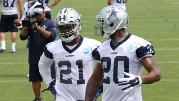 May 25, 2016; Irving, TX, USA; Dallas Cowboys running back Ezekiel Elliott (21) talks with running back Darren McFadden (20) during organized team activities at Dallas Cowboys Headquarters. Mandatory Credit: Matthew Emmons-USA TODAY Sports