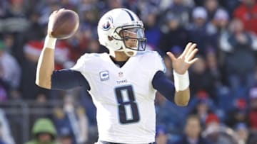 Dec 20, 2015; Foxborough, MA, USA; Tennessee Titans quarterback Marcus Mariota (8) throws a pass against the New England Patriots in the first quarter at Gillette Stadium. Mandatory Credit: David Butler II-USA TODAY Sports