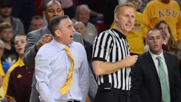 Dec 17, 2016; Tempe, AZ, USA; Arizona State Sun Devils head coach Bobby Hurley argues with a referee during the first half of the game against the New Mexico State Aggies at Wells-Fargo Arena. New Mexico State won 81-70. Mandatory Credit: Joe Camporeale-USA TODAY Sports