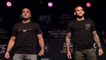 DALLAS, TX - MAY 10: Eddie Alvarez faces off with Dustin Poirier during the UFC 211 Ultimate Media Day at the House of Blues Dallas on May 10, 2017 in Dallas, Texas. (Photo by Cooper Neill/Zuffa LLC/Zuffa LLC via Getty Images)
