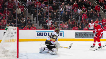 DETROIT, MI - NOVEMBER 10: Anthony Mantha #39 of the Detroit Red Wings scores a third period goal past goaltender Malcolm Subban #30 of the Vegas Golden Knights during an NHL game at Little Caesars Arena on November 10, 2019 in Detroit, Michigan. Detroit defeated Las 3-2.(Photo by Dave Reginek/NHLI via Getty Images)