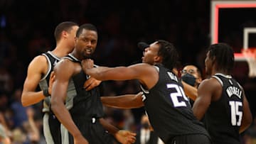Oct 27, 2021; Phoenix, Arizona, USA; Sacramento Kings forward Harrison Barnes (center) celebrates with teammates after hitting the game winning three pointer at the buzzer against the Phoenix Suns in the second half at Footprint Center. Mandatory Credit: Mark J. Rebilas-USA TODAY Sports