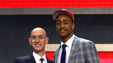 NEW YORK, NY - JUNE 22: John Collins walks on stage with NBA commissioner Adam Silver after being drafted 19th overall by the Atlanta Hawks during the first round of the 2017 NBA Draft at Barclays Center on June 22, 2017 in New York City. NOTE TO USER: User expressly acknowledges and agrees that, by downloading and or using this photograph, User is consenting to the terms and conditions of the Getty Images License Agreement. (Photo by Mike Stobe/Getty Images)