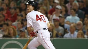Aug 13, 2016; Boston, MA, USA; Boston Red Sox left fielder Andrew Benintendi (40) hits an RBI double against the Arizona Diamondbacks during the fifth inning at Fenway Park. Mandatory Credit: Mark L. Baer-USA TODAY Sports